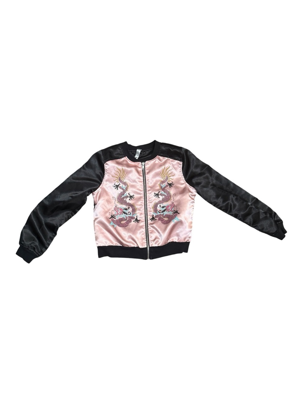 Pink Satin Dragon Bomber Jacket with Black Sleeves Large Kids